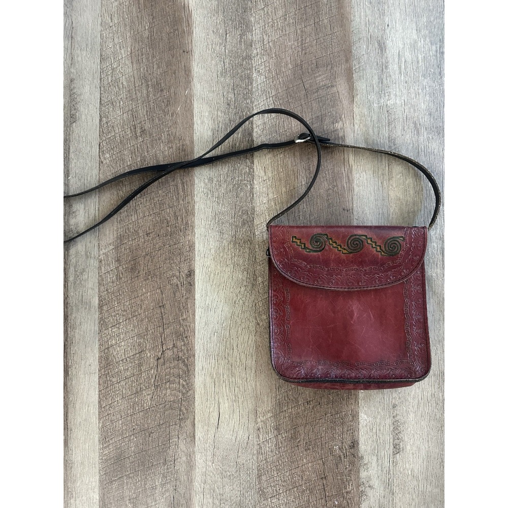 Vintage Mexican Tooled Leather Crossbody Bag Red Southwestern Boho Purse